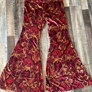 Velvet Floral Bell Bottom Pants - Red & Gold